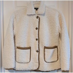 NWOT J.Crew Women's XS Cream Sherpa Button Front Jacket Tan Trim Cream White